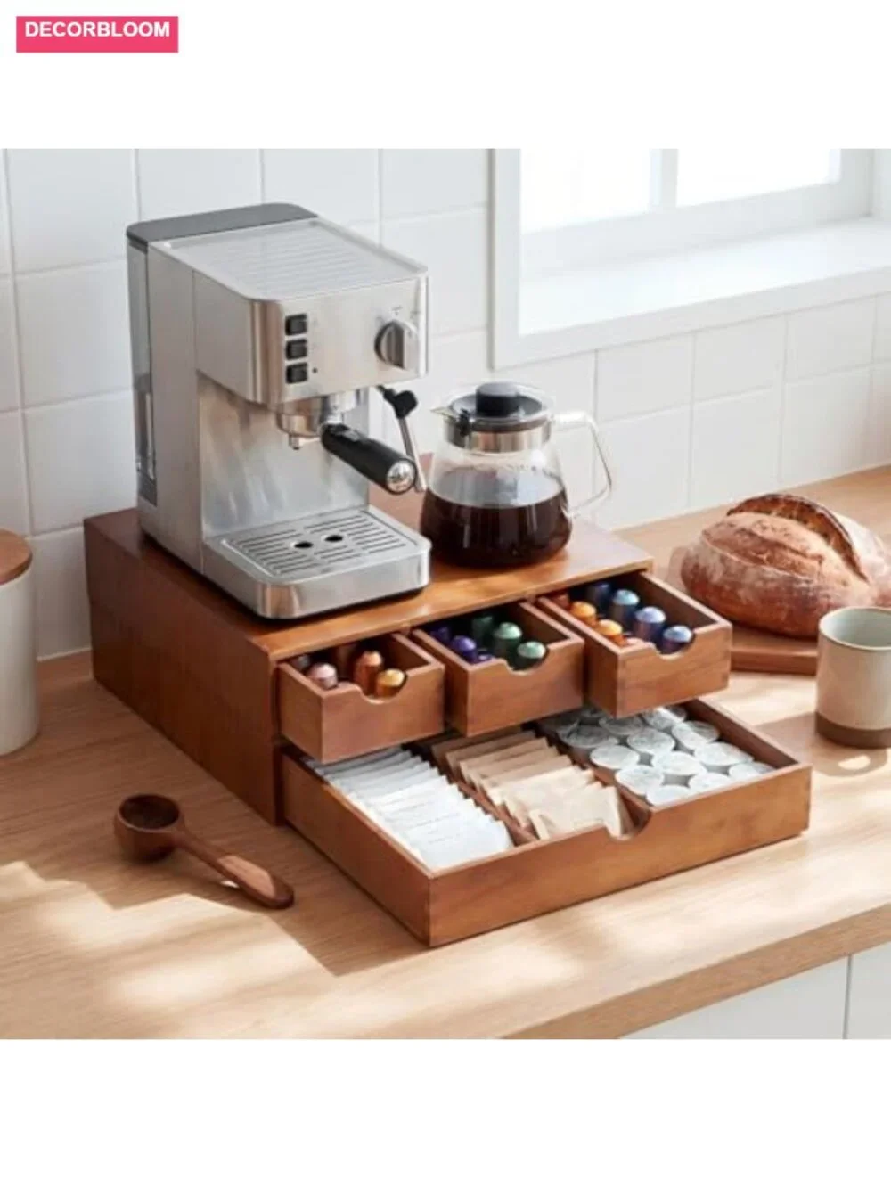 Double Layer Wood Coffee Pod Organizer Drawer Detachable Storage Box 3 Drawers